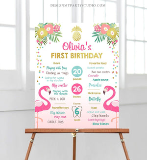 Editable Flamingo Aloha Birthday Milestones Sign Summer First Birthday 1st Birthday Girl Pink Gold Tropical Party Corjl Template 0200