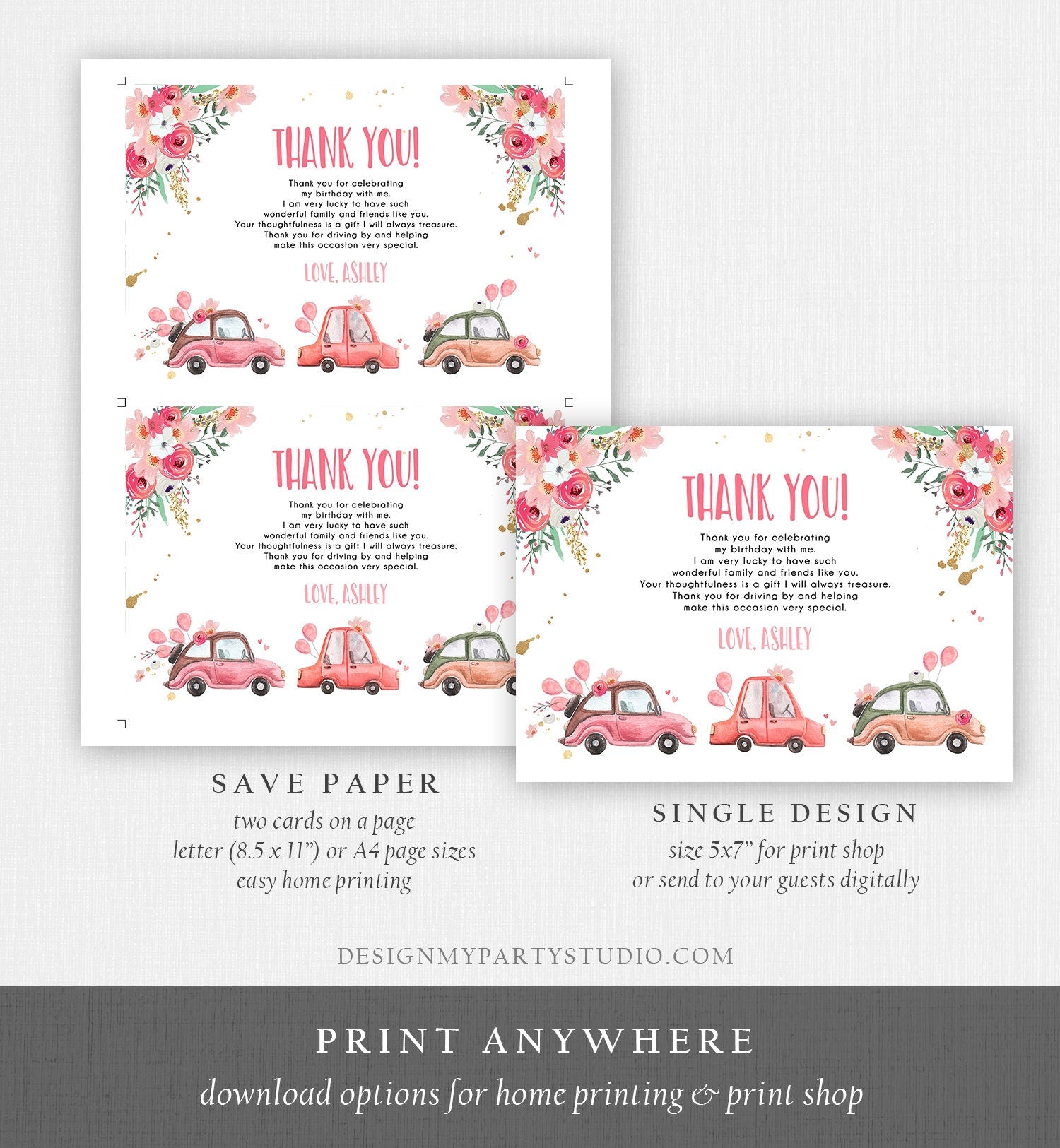 Editable Drive By Birthday Parade Thank You Card Virtual Party Tropical Woman Car Girl Pink Quarantine Instant Download Digital Corjl 0335