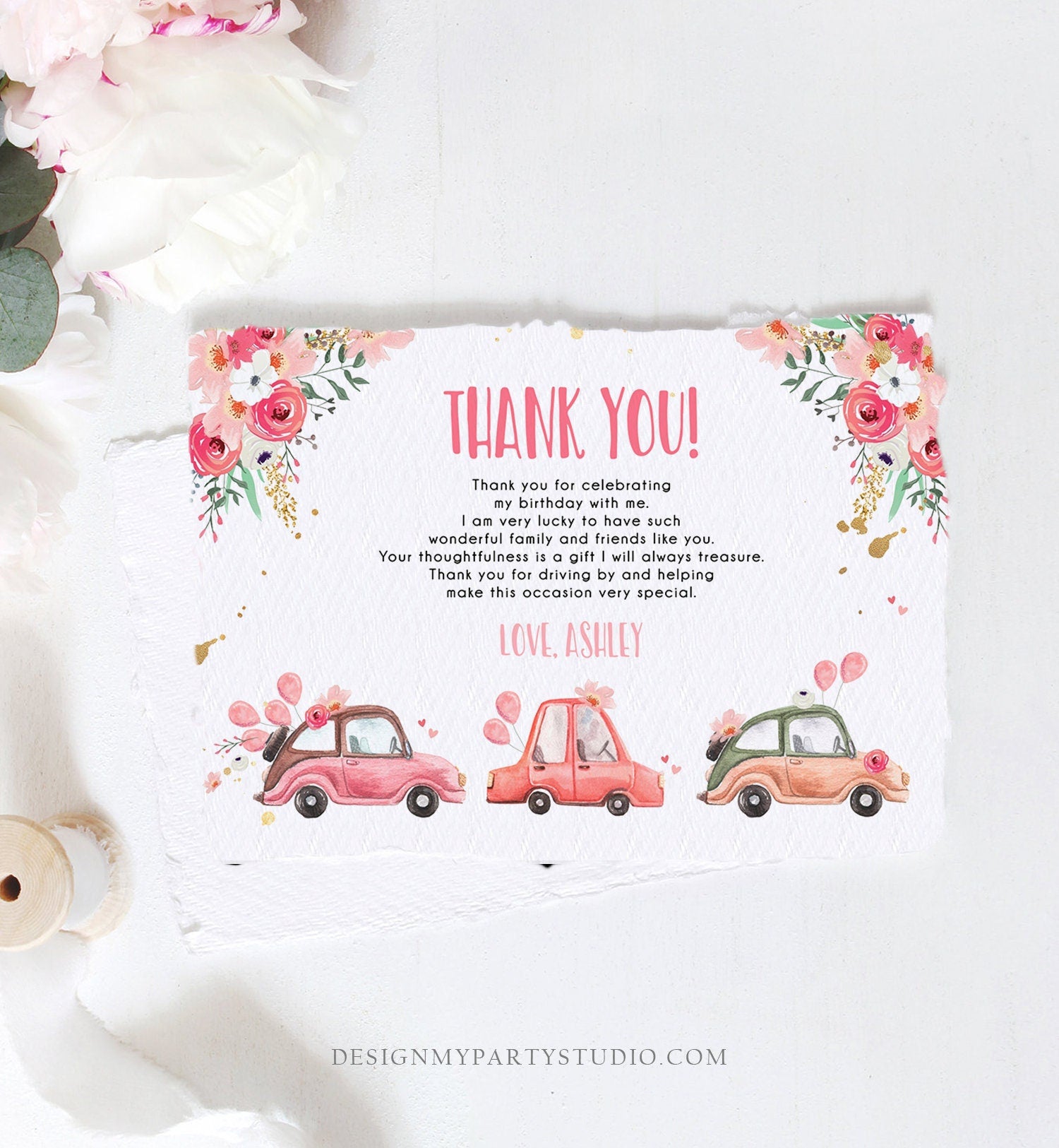 Editable Drive By Birthday Parade Thank You Card Virtual Party Tropical Woman Car Girl Pink Quarantine Instant Download Digital Corjl 0335