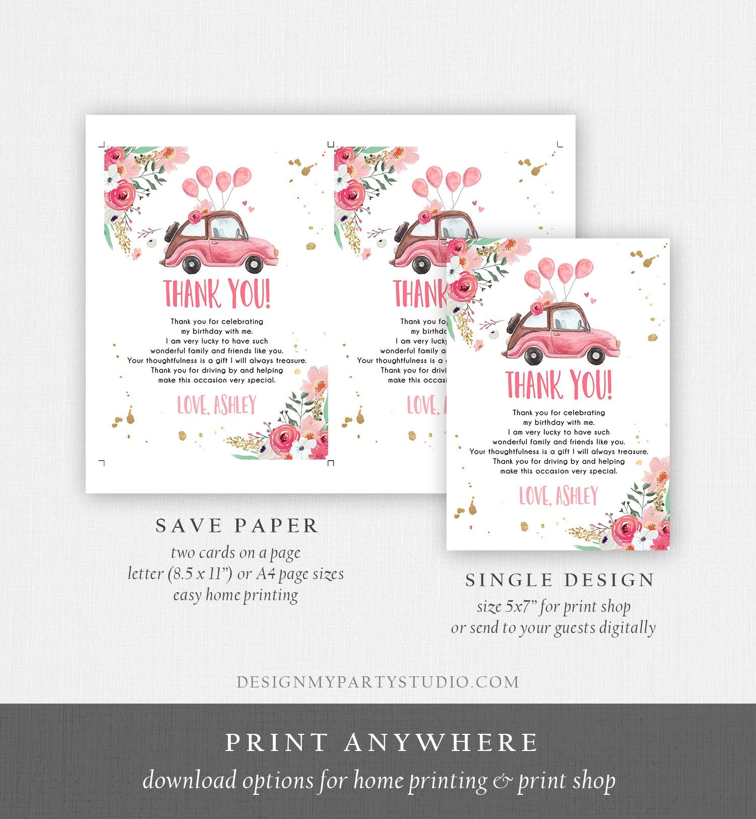 Editable Drive By Birthday Parade Thank You Card Virtual Party Tropical Woman Car Girl Pink Quarantine Instant Download Digital Corjl 0335