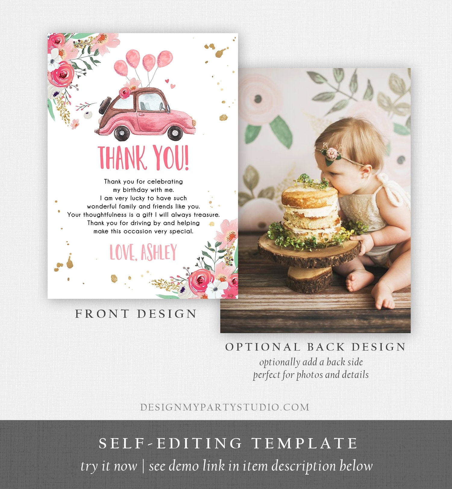 Editable Drive By Birthday Parade Thank You Card Virtual Party Tropical Woman Car Girl Pink Quarantine Instant Download Digital Corjl 0335