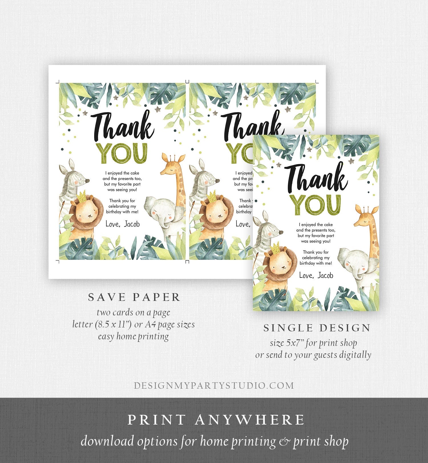 Editable Thank You Card Safari Animals Wild One Two Wild Thank You Note Boy Green Gold Jungle Zoo Party Animals Corjl Template Digital 0163