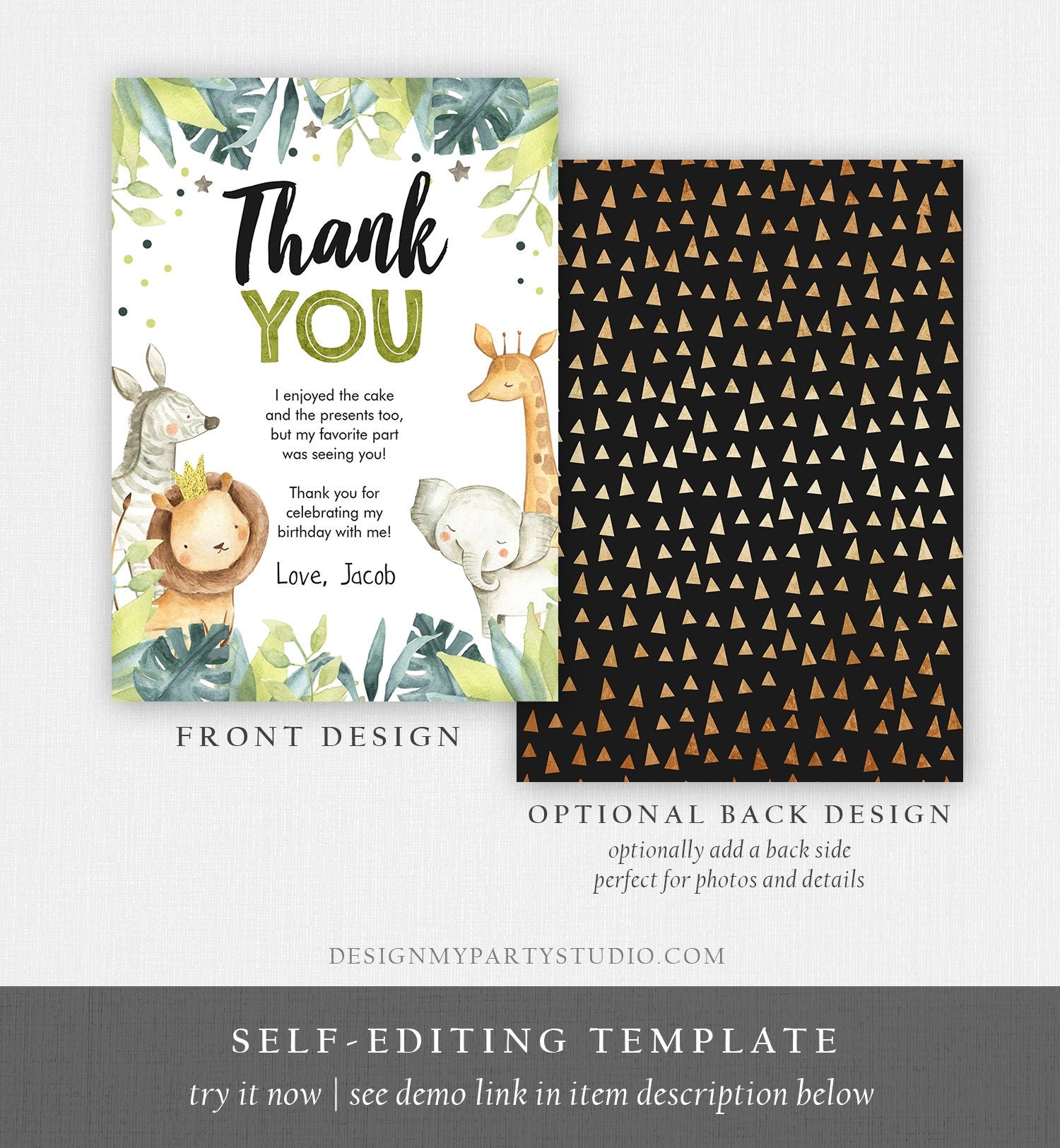 Editable Thank You Card Safari Animals Wild One Two Wild Thank You Note Boy Green Gold Jungle Zoo Party Animals Corjl Template Digital 0163