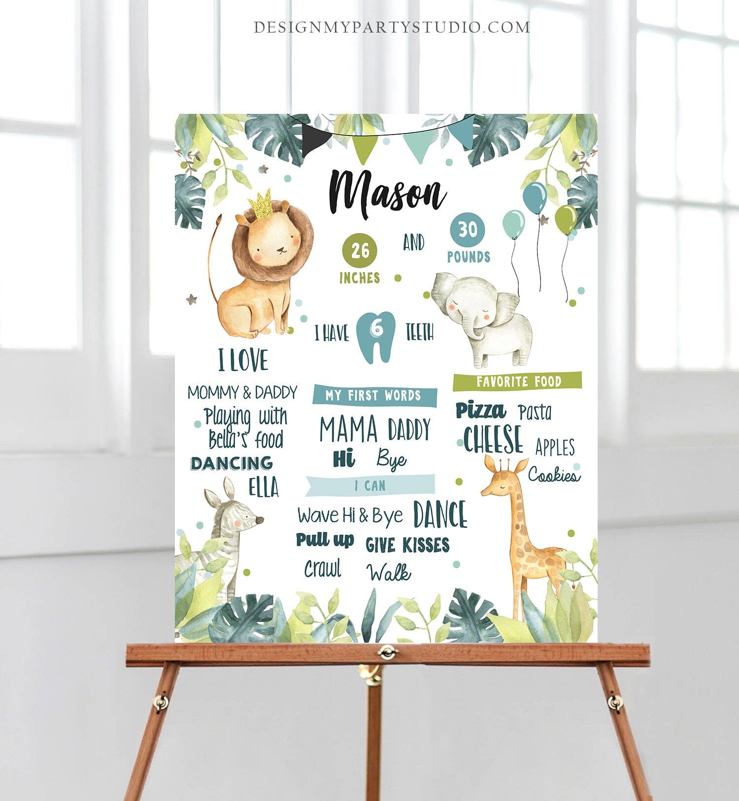 Editable Safari Animals Birthday Milestones Sign Green and Gold Boy Birthday Zoo Jungle 1st Birthday Download Template Printable Corjl 0163