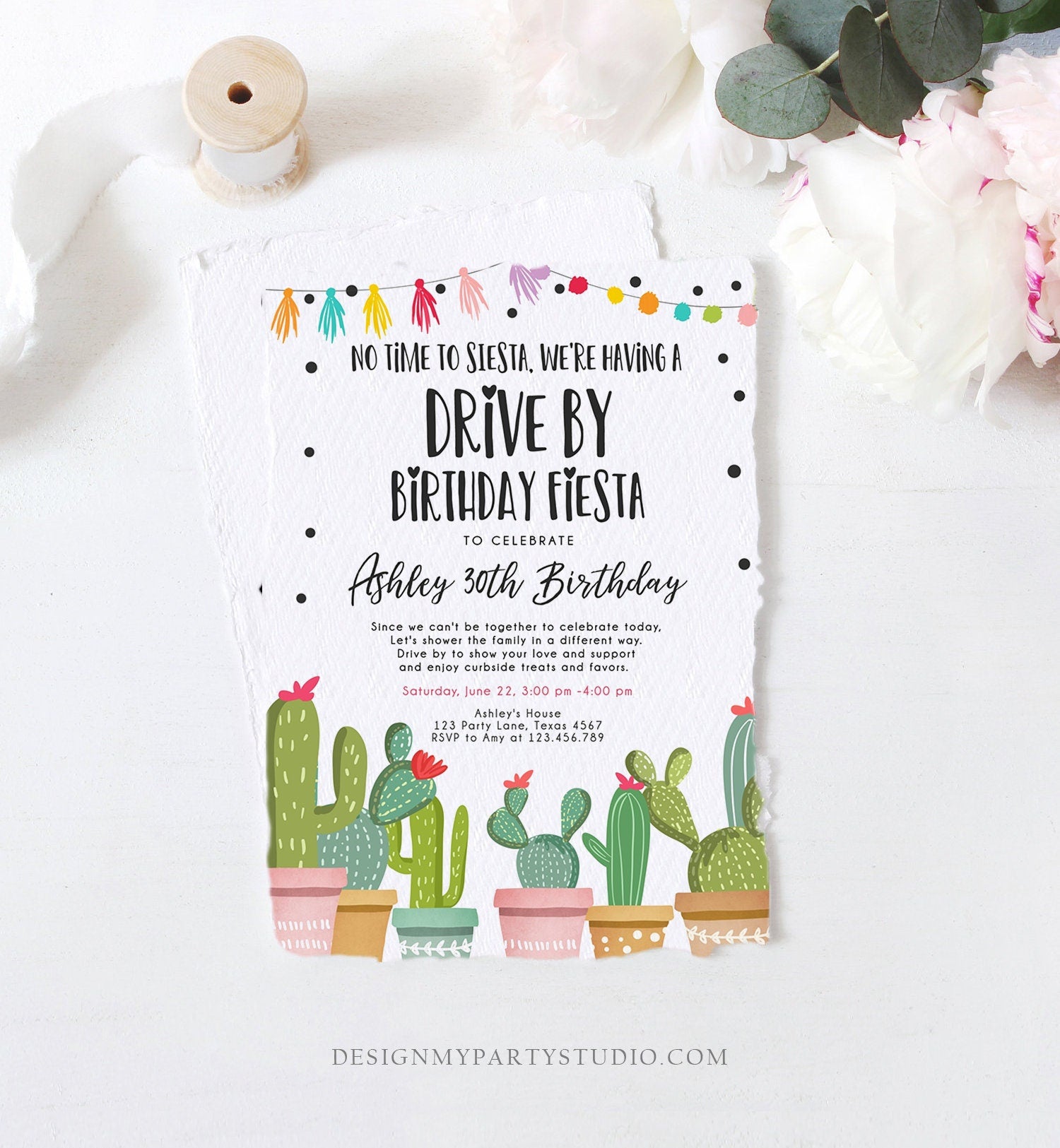 Editable Drive By Birthday Fiesta Invitation Cactus No Time to Siesta Party 30th 40th 50th Drive Through Quarantine  Corjl Template 0254