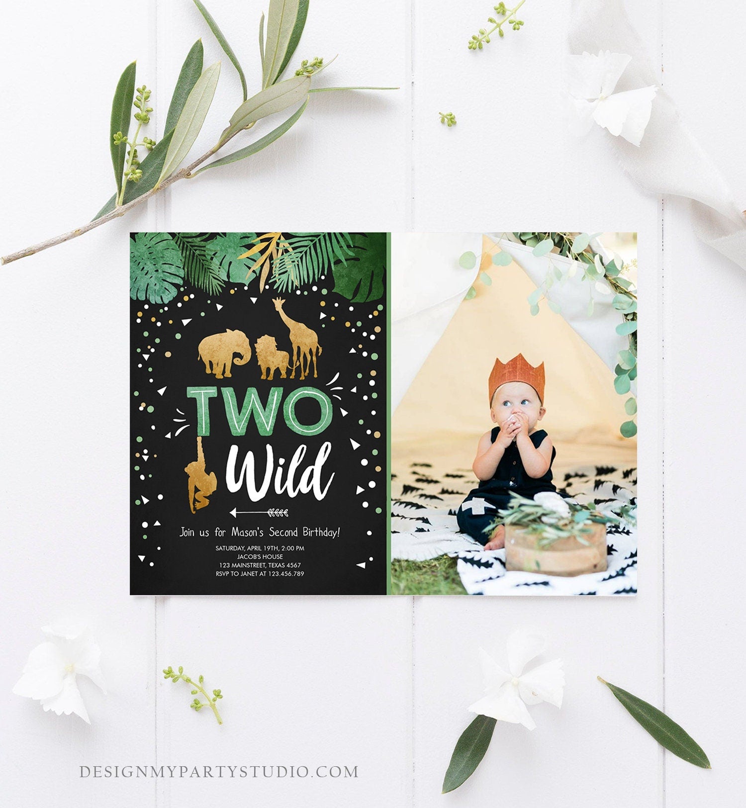 Editable Two Wild Birthday Invitation Safari Animals Wild Animals Black Gold Second Birthday 2nd Jungle Printable Corjl Template 0016