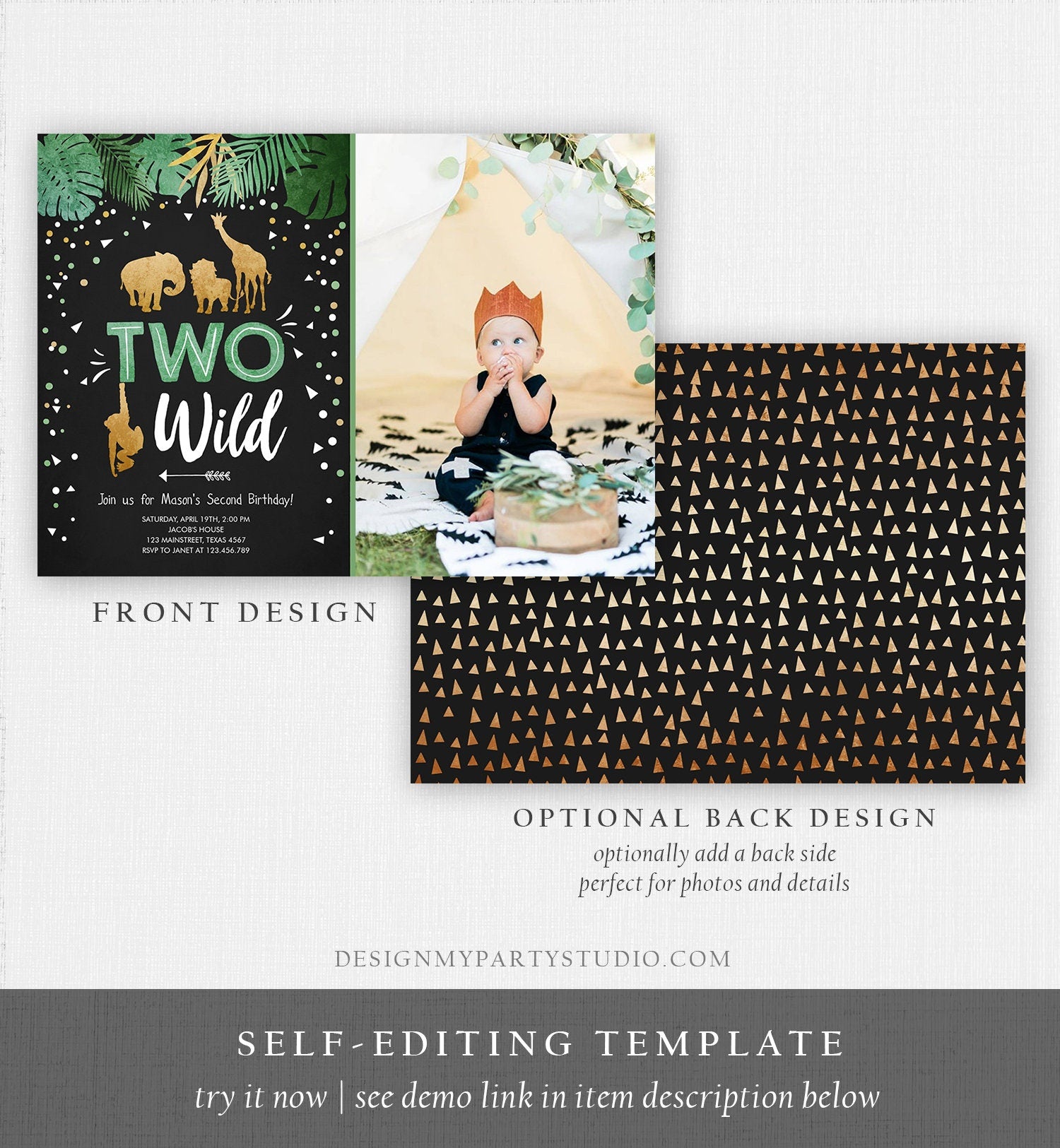 Editable Two Wild Birthday Invitation Safari Animals Wild Animals Black Gold Second Birthday 2nd Jungle Printable Corjl Template 0016