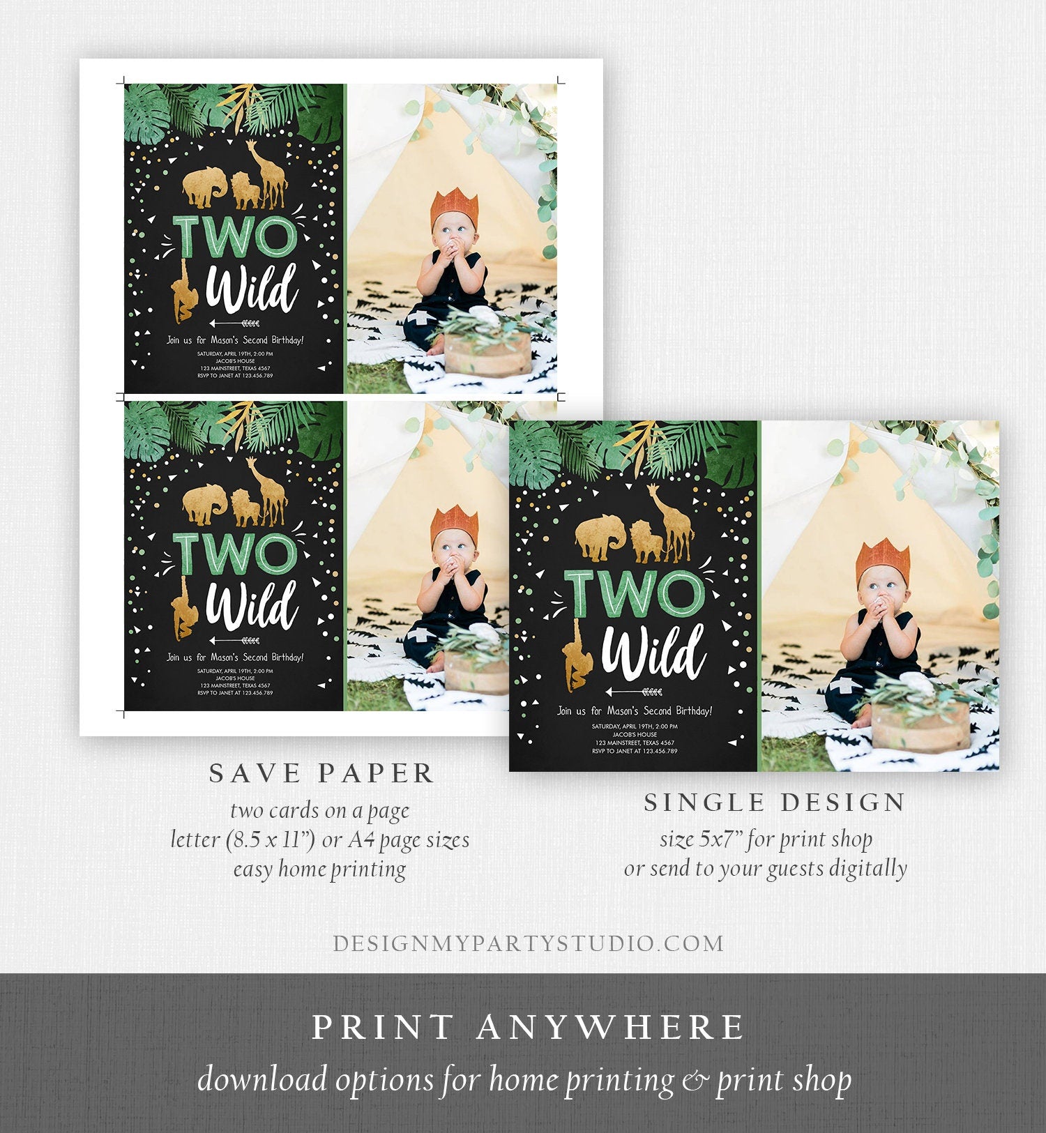 Editable Two Wild Birthday Invitation Safari Animals Wild Animals Black Gold Second Birthday 2nd Jungle Printable Corjl Template 0016