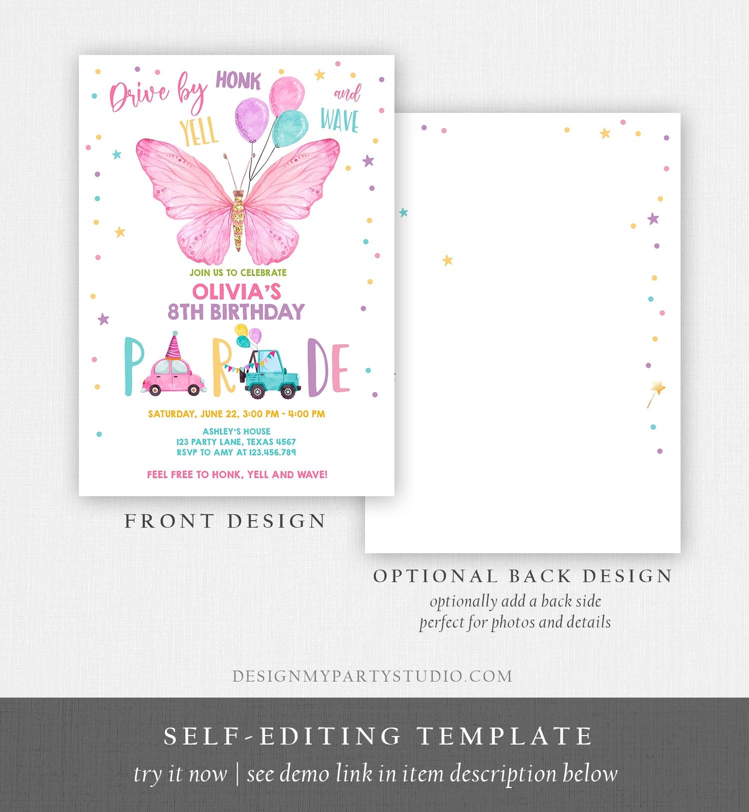 Editable Butterfly Drive By Birthday Parade Invitation Virtual Party Invite Honk Wave Car Girl Pink Quarantine Download Digital Corjl 0162