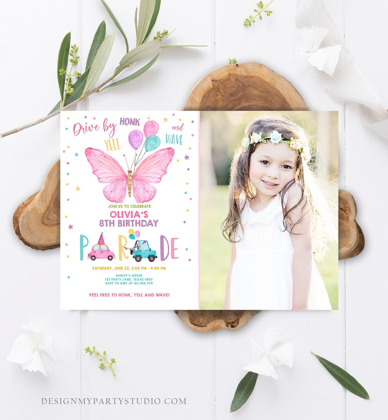 Editable Butterfly Drive By Birthday Parade Invitation Virtual Party Invite Honk Wave Car Girl Pink Quarantine Download Digital Corjl 0162