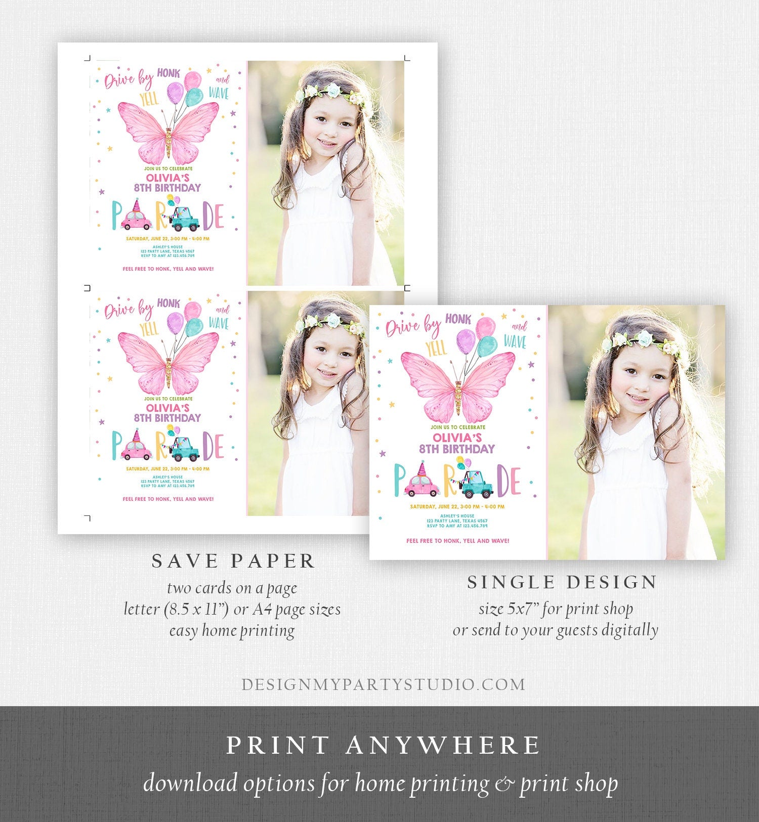 Editable Butterfly Drive By Birthday Parade Invitation Virtual Party Invite Honk Wave Car Girl Pink Quarantine Download Digital Corjl 0162