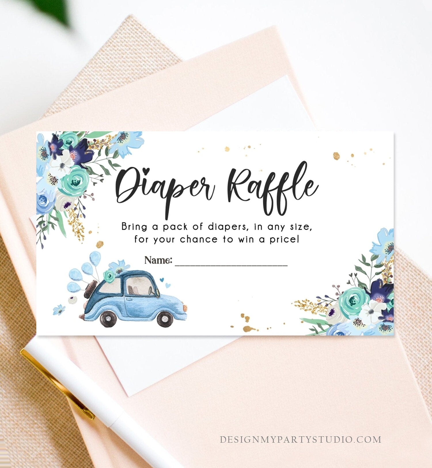 Editable Drive By Diaper Raffle Ticket Baby Shower Navy Blue Floral Boy Drive Through Diaper Game Insert Ticket Digital Corjl Template 0335