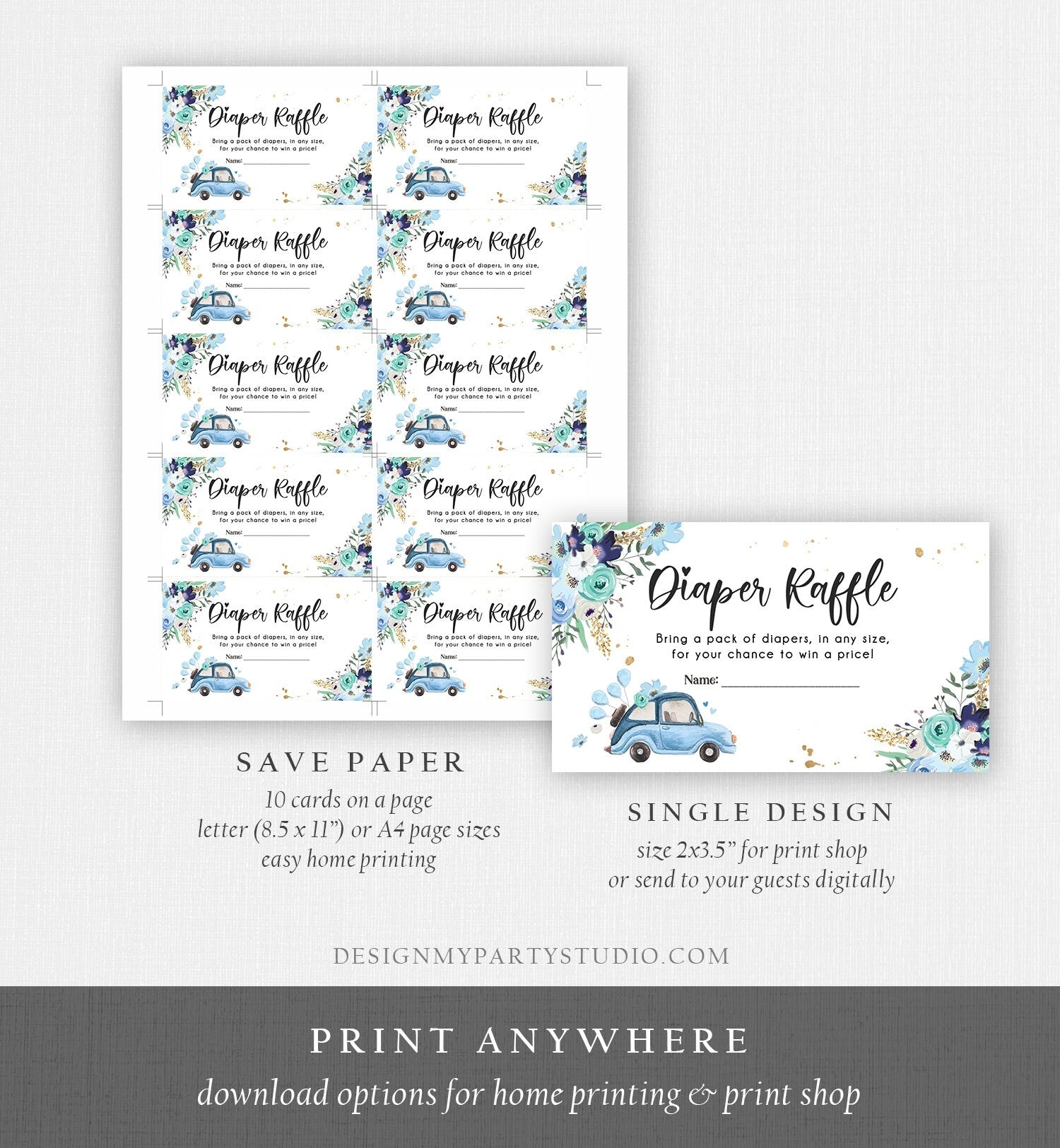 Editable Drive By Diaper Raffle Ticket Baby Shower Navy Blue Floral Boy Drive Through Diaper Game Insert Ticket Digital Corjl Template 0335