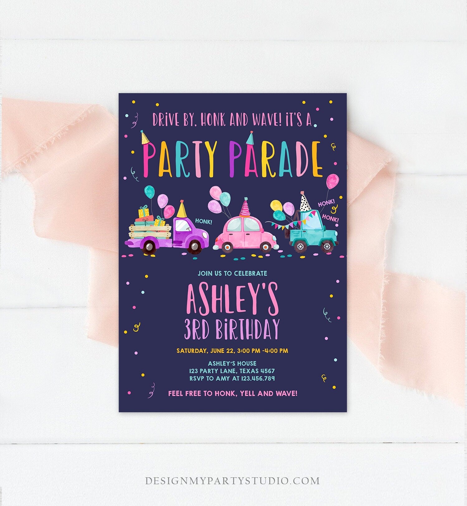 Editable Drive By Birthday Parade Invitation Virtual Party Invite Honk Wave Car Girl Pink Quarantine Instant Download Digital Corjl 0333