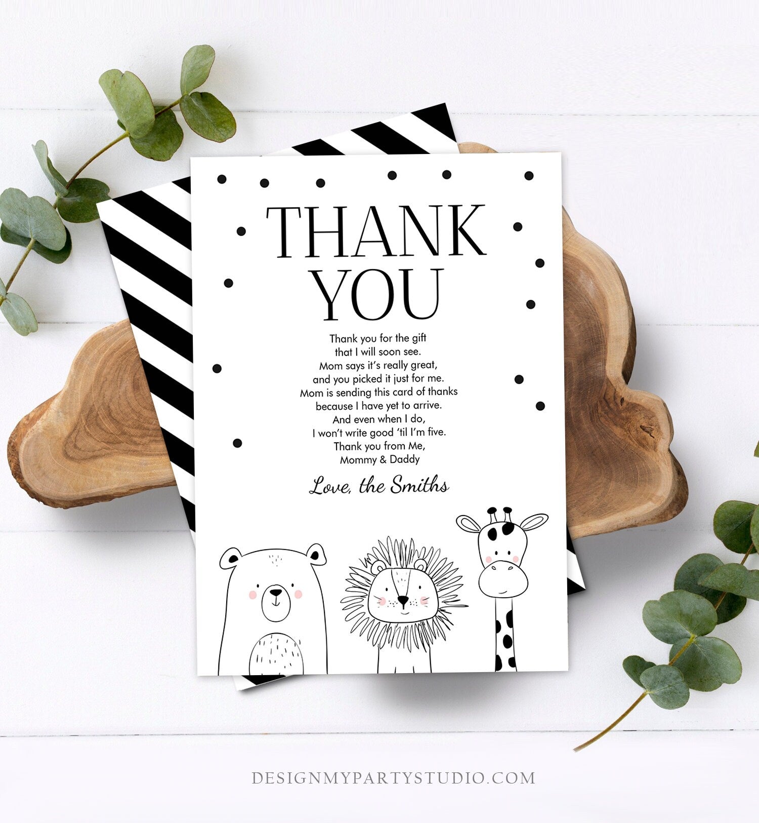 Editable Baby Shower Thank You Card Baby Shower Birthday Safari Animals Wild Zoo Jungle Modern Monogram Digital Corjl Template 0039