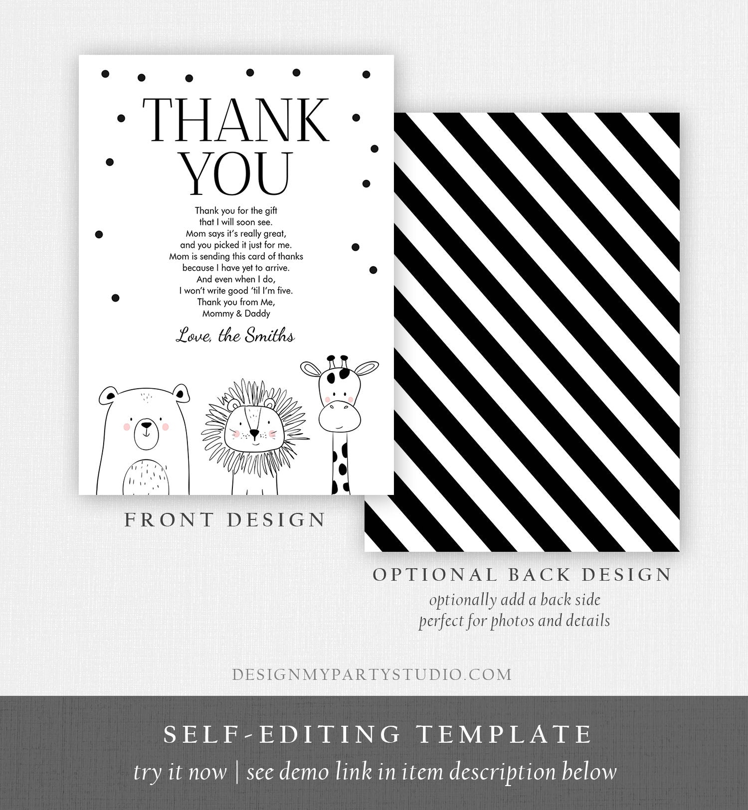 Editable Baby Shower Thank You Card Baby Shower Birthday Safari Animals Wild Zoo Jungle Modern Monogram Digital Corjl Template 0039