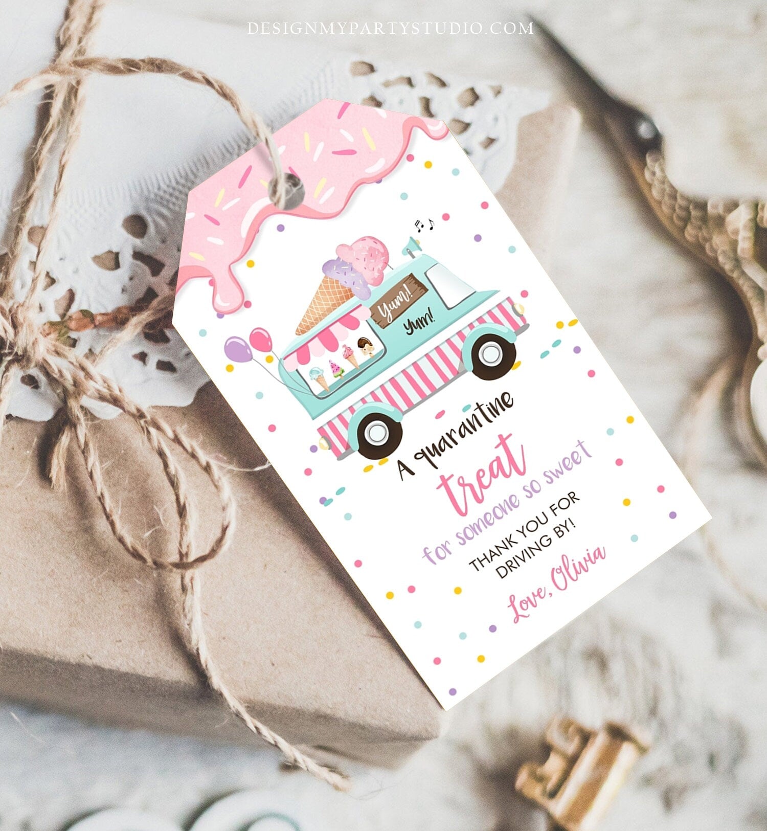 Editable Drive By Favor Tag Drive Through Ice Cream Truck Birthday Thank You Gift Tags Quarantine Ice Cream Parade Pink Girl Corjl 0243