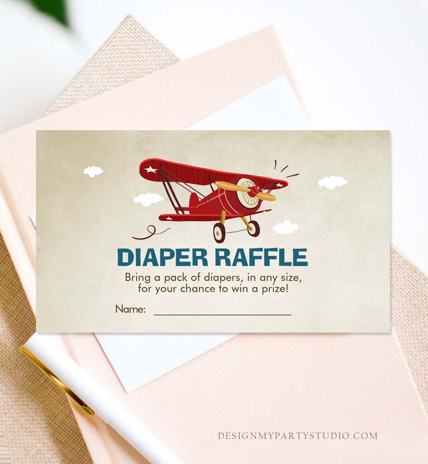 Editable Diaper Raffle Ticket Airplane Baby Shower Travel Adventure Diaper Game Red Plane Diaper Ticket Game Corjl Template Printable 0011