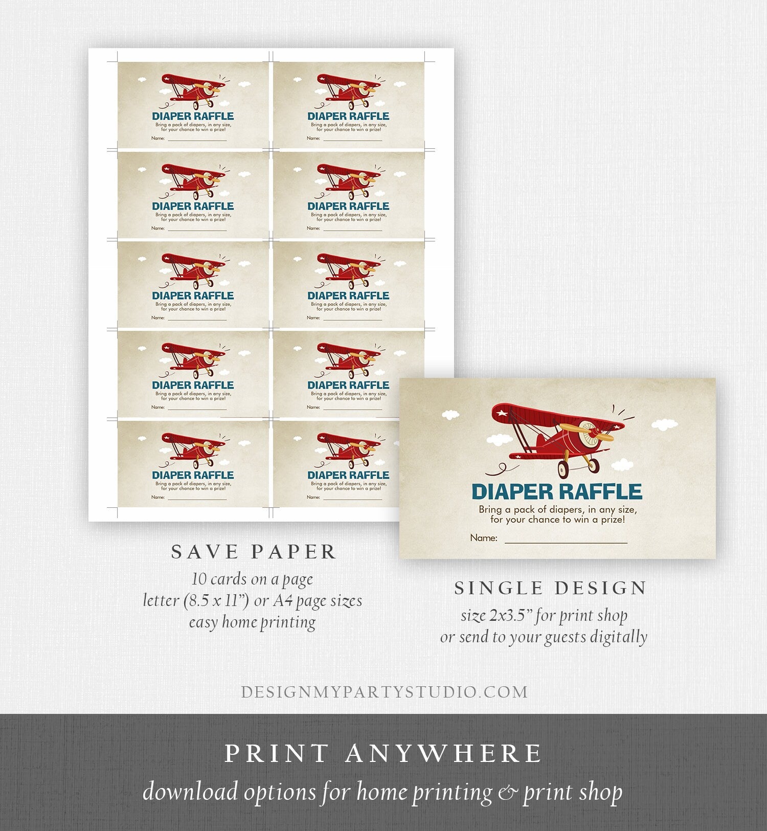 Editable Diaper Raffle Ticket Airplane Baby Shower Travel Adventure Diaper Game Red Plane Diaper Ticket Game Corjl Template Printable 0011