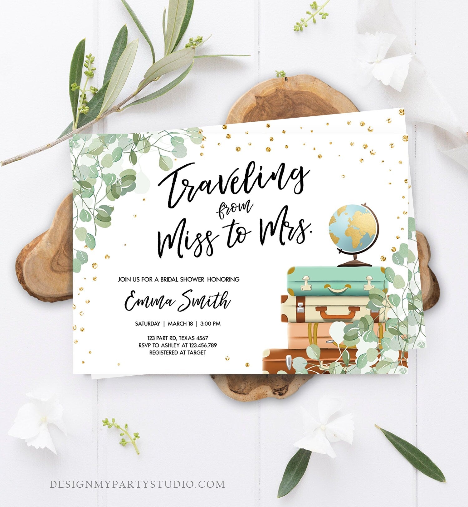 Editable Miss to Mrs Travel Bridal Shower Invitation Eucalyptus Globe Suitcase Greenery Traveling Download Printable Corjl Template 0030