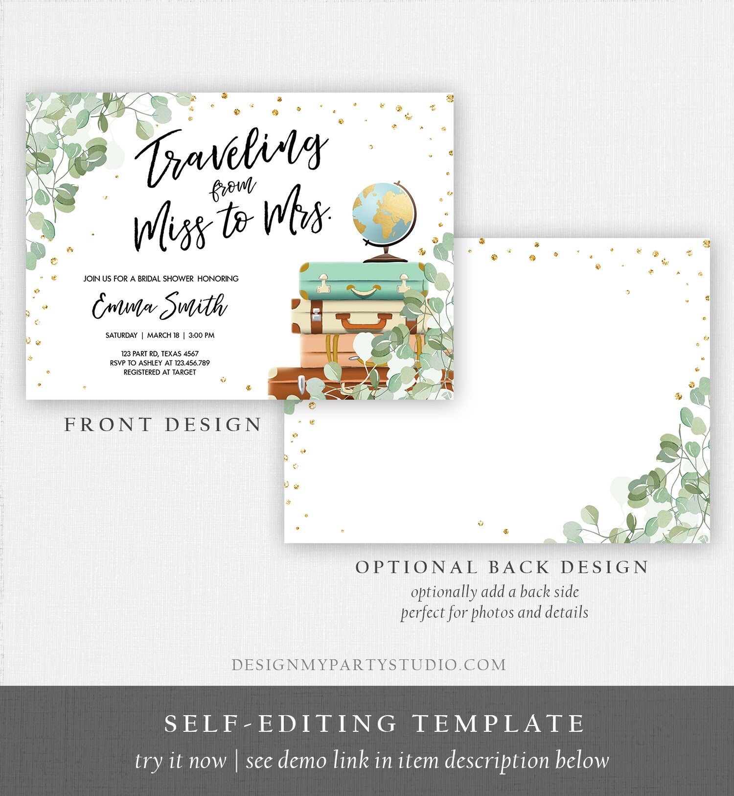 Editable Miss to Mrs Travel Bridal Shower Invitation Eucalyptus Globe Suitcase Greenery Traveling Download Printable Corjl Template 0030