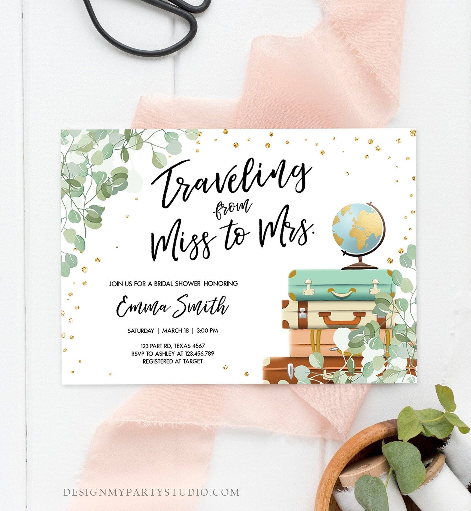 Editable Miss to Mrs Travel Bridal Shower Invitation Eucalyptus Globe Suitcase Greenery Traveling Download Printable Corjl Template 0030