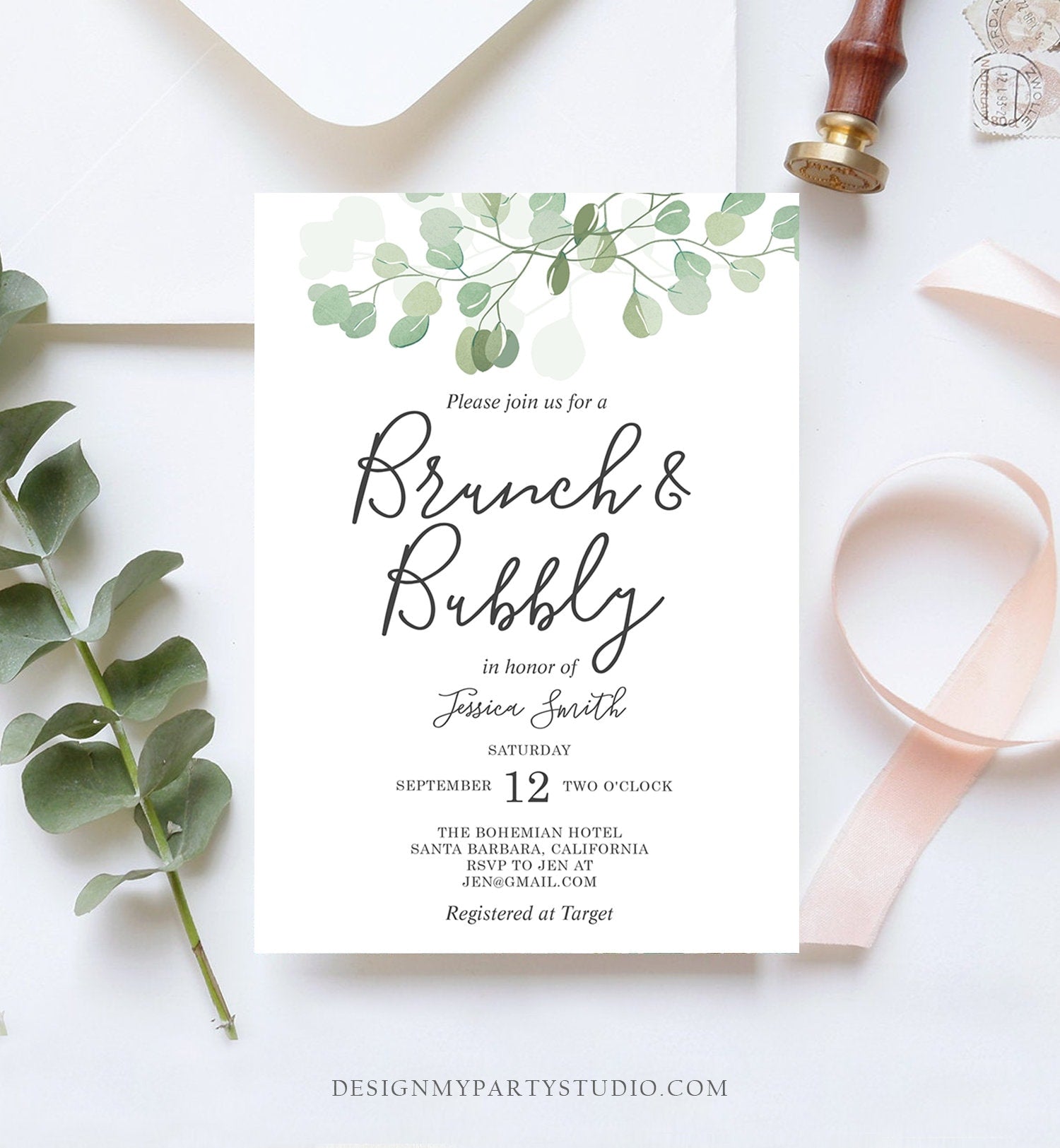 Editable Brunch and Bubbly Bridal Shower Invitation Eucalyptus Greenery Wedding Boho Invite Download Printable Template Digital Corjl 0029