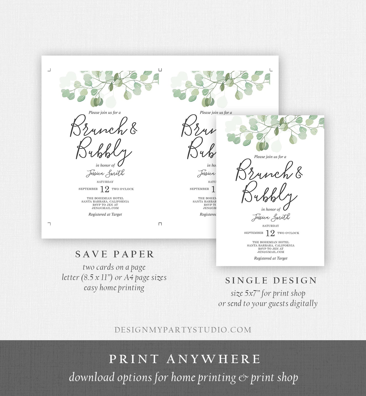 Editable Brunch and Bubbly Bridal Shower Invitation Eucalyptus Greenery Wedding Boho Invite Download Printable Template Digital Corjl 0029