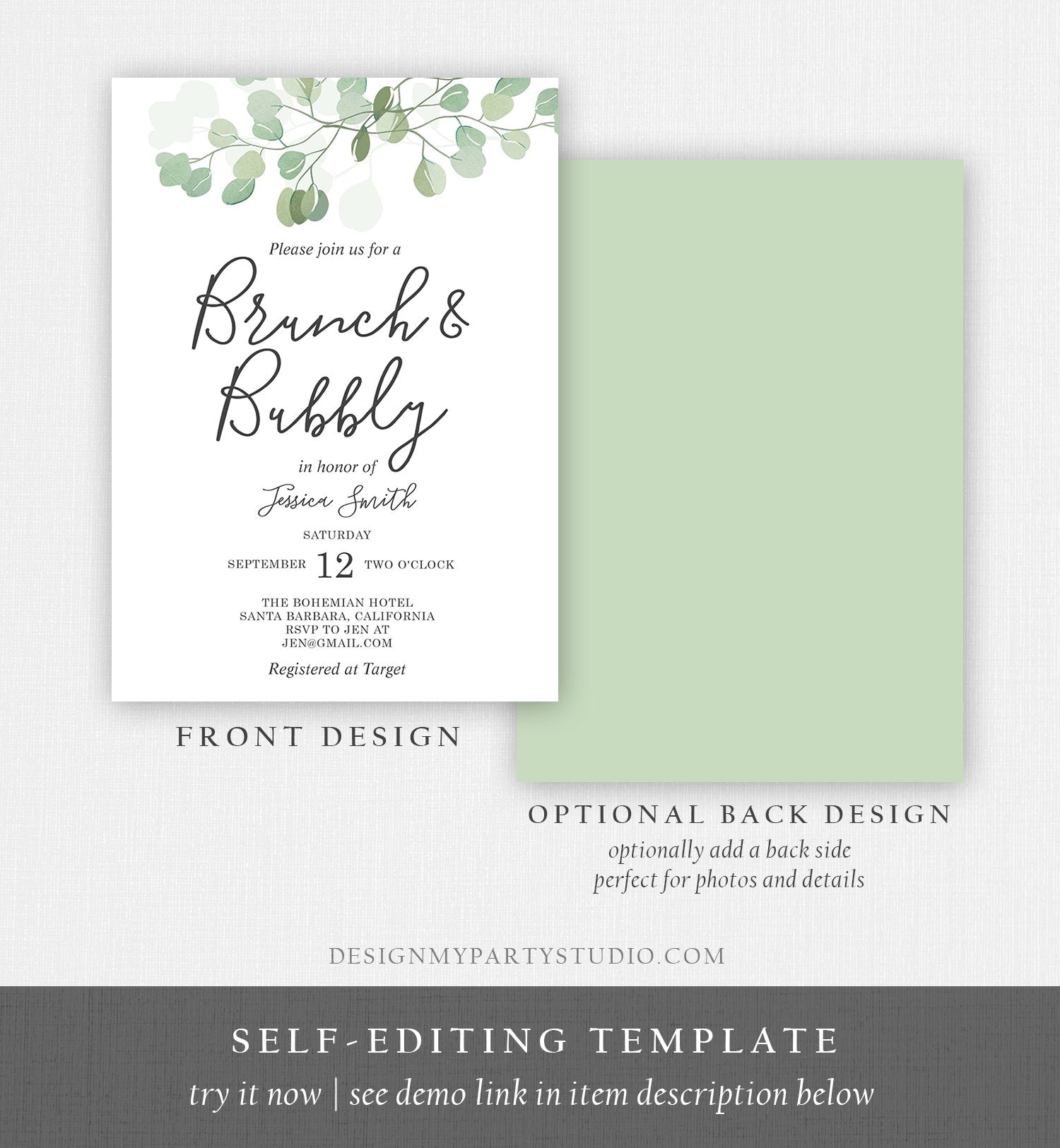 Editable Brunch and Bubbly Bridal Shower Invitation Eucalyptus Greenery Wedding Boho Invite Download Printable Template Digital Corjl 0029