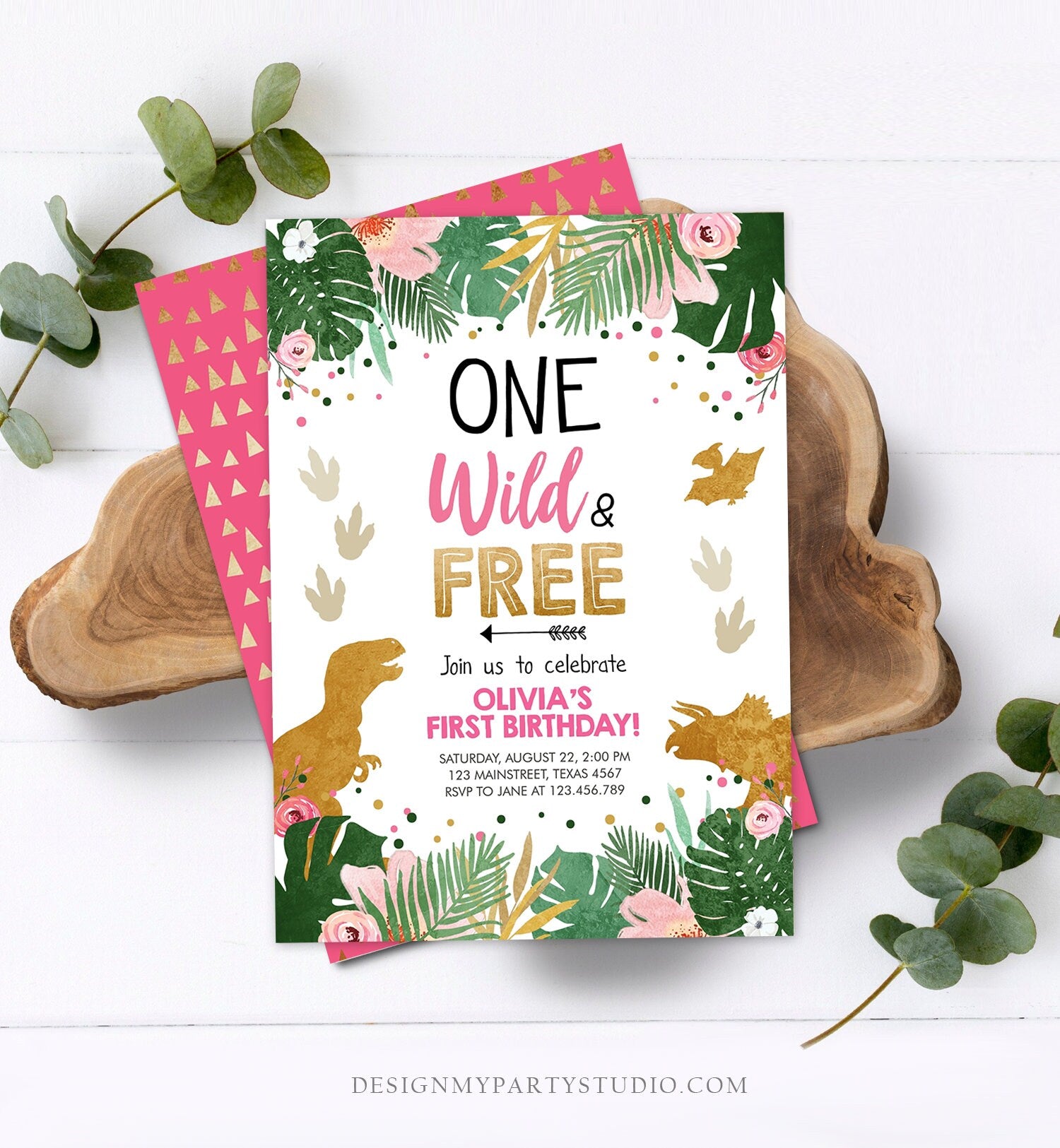 Editable One Wild and Free Dinosaur Birthday Invitation Dinosaur Party Girl Pink Gold First Birthday 1st Corjl Template Digital 0146