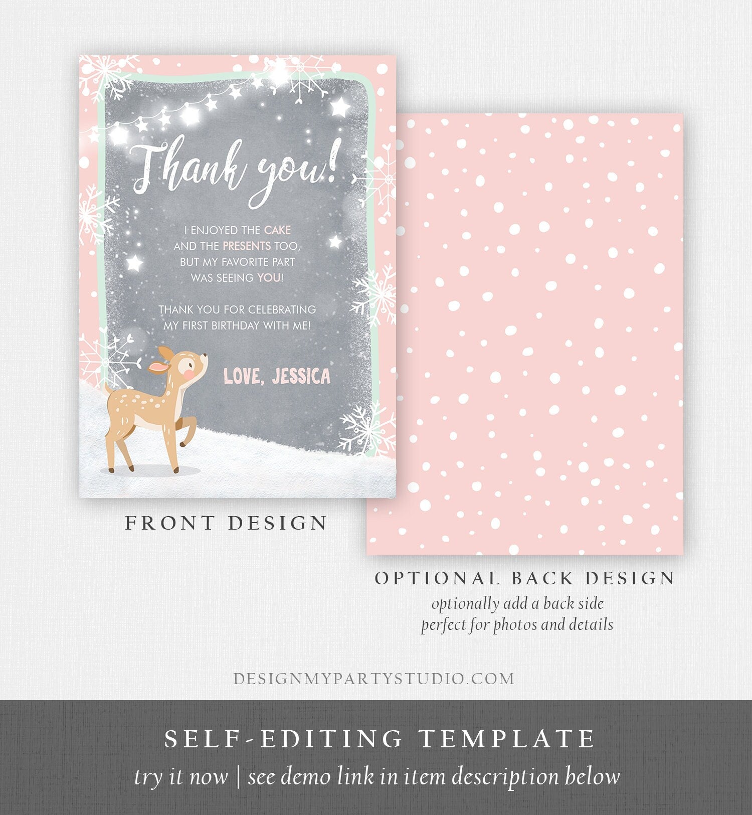 Editable Winter ONEderland Thank You Card Birthday First Birthday Snow Snowflake Girl Pink Mint Grey Deer Printable Template Corjl 0109