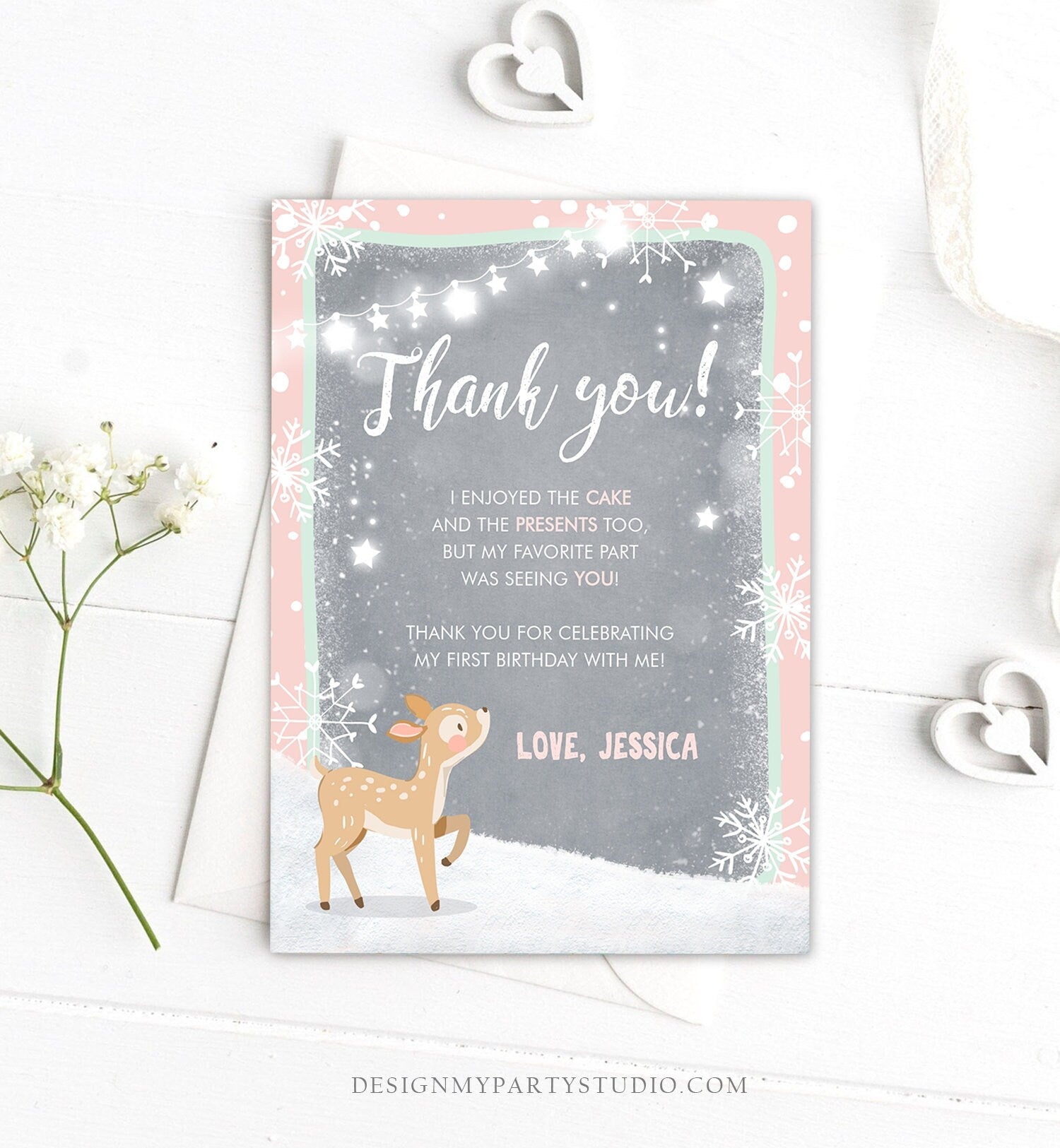 Editable Winter ONEderland Thank You Card Birthday First Birthday Snow Snowflake Girl Pink Mint Grey Deer Printable Template Corjl 0109