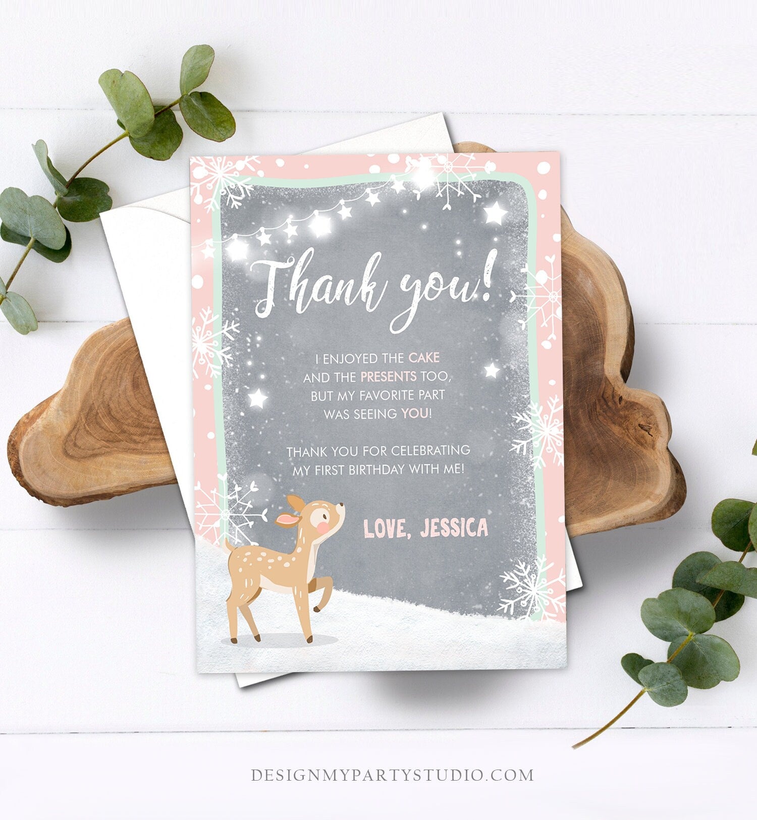 Editable Winter ONEderland Thank You Card Birthday First Birthday Snow Snowflake Girl Pink Mint Grey Deer Printable Template Corjl 0109