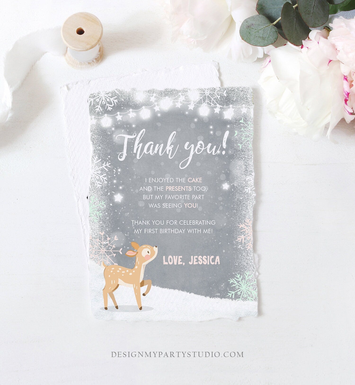 Editable Winter ONEderland Thank You Card Birthday First Birthday Snow Snowflake Girl Pink Mint Grey Deer Printable Template Corjl 0109