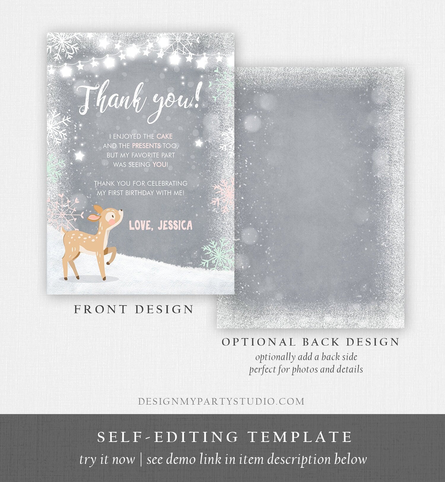 Editable Winter ONEderland Thank You Card Birthday First Birthday Snow Snowflake Girl Pink Mint Grey Deer Printable Template Corjl 0109