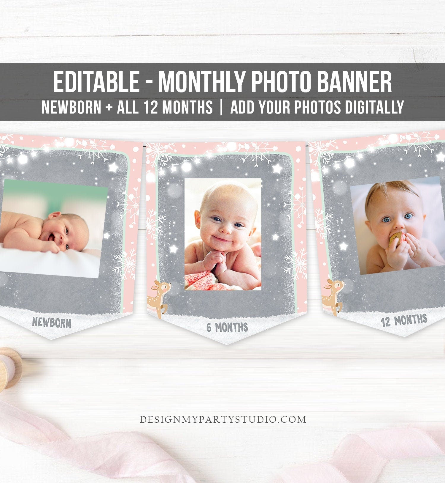 Editable Winter Onederland First Birthday Banner Monthly Photo Banner Girl Winter 1st Birthday Decor Pink Snow Download PRINTABLE Corjl 0109