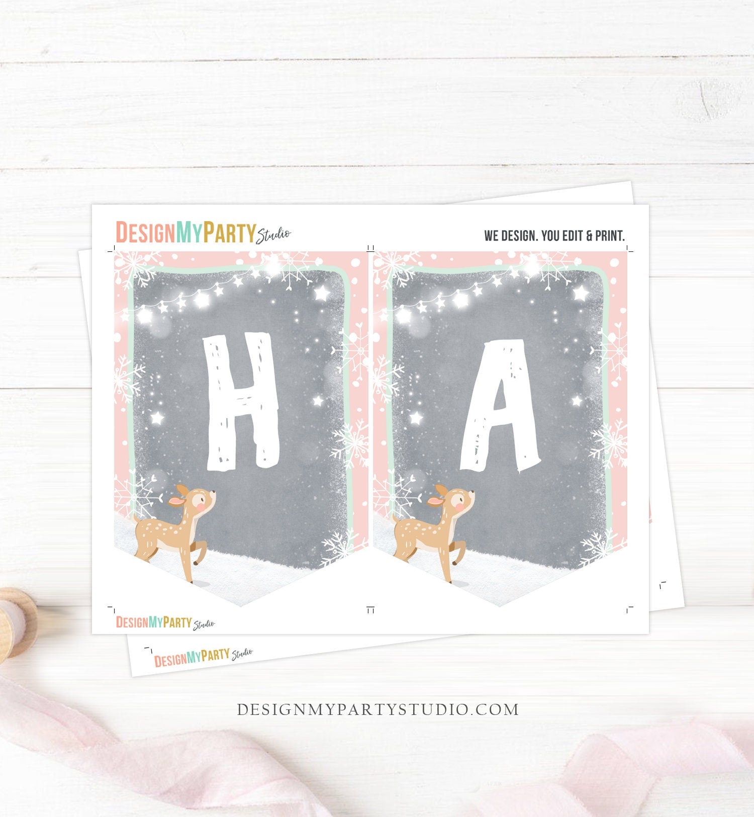 Happy Birthday Banner Winter Onederland Birthday Banner Deer Pink Snow -  Design My Party Studio