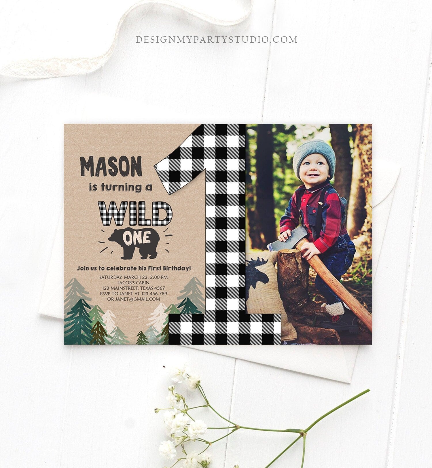 Editable Lumberjack Wild One Birthday Invitation First Birthday Forest Trees Black White Plaid Outdoor Bear Boy 1st Corjl Template 0026