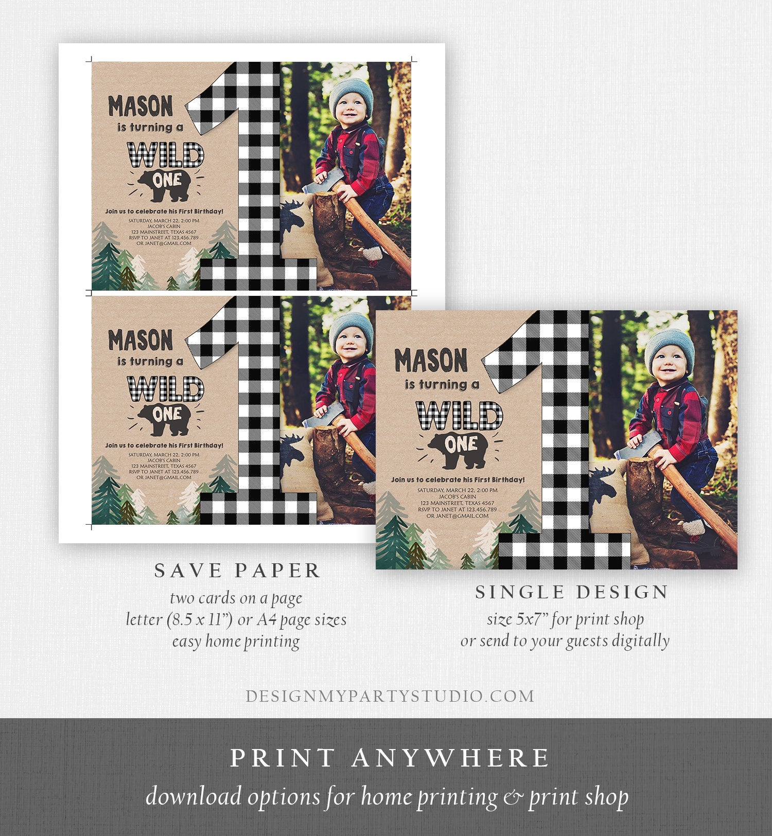 Editable Lumberjack Wild One Birthday Invitation First Birthday Forest Trees Black White Plaid Outdoor Bear Boy 1st Corjl Template 0026