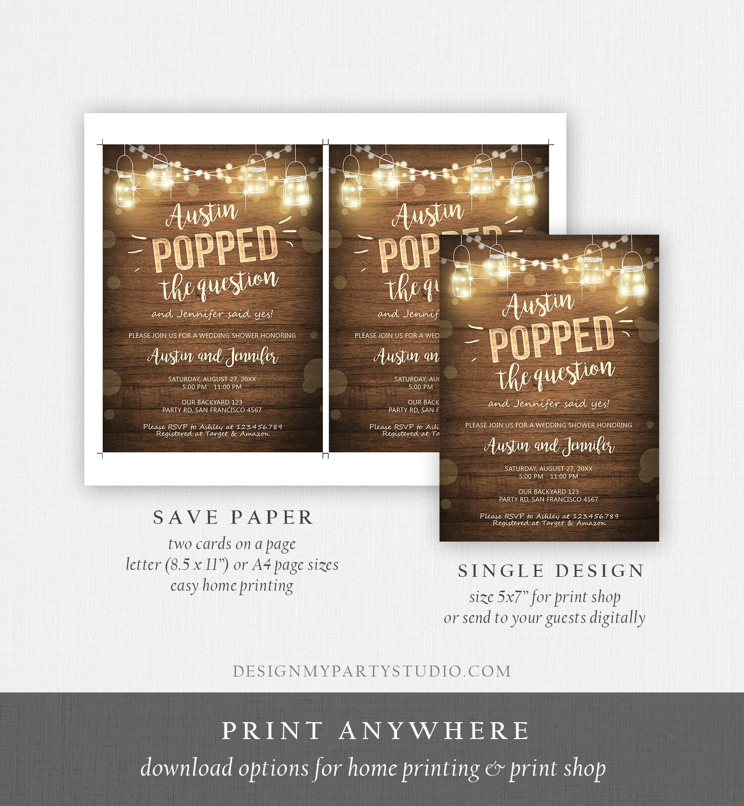 Editable Popped the Question Engagement Party Invitation Couples Shower Rustic Wood Lights Jars Download Corjl Template Printable 0015