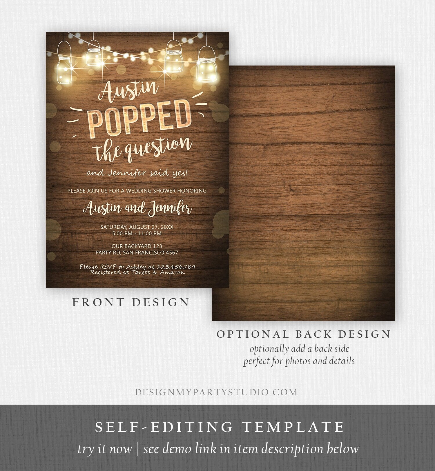 Editable Popped the Question Engagement Party Invitation Couples Shower Rustic Wood Lights Jars Download Corjl Template Printable 0015