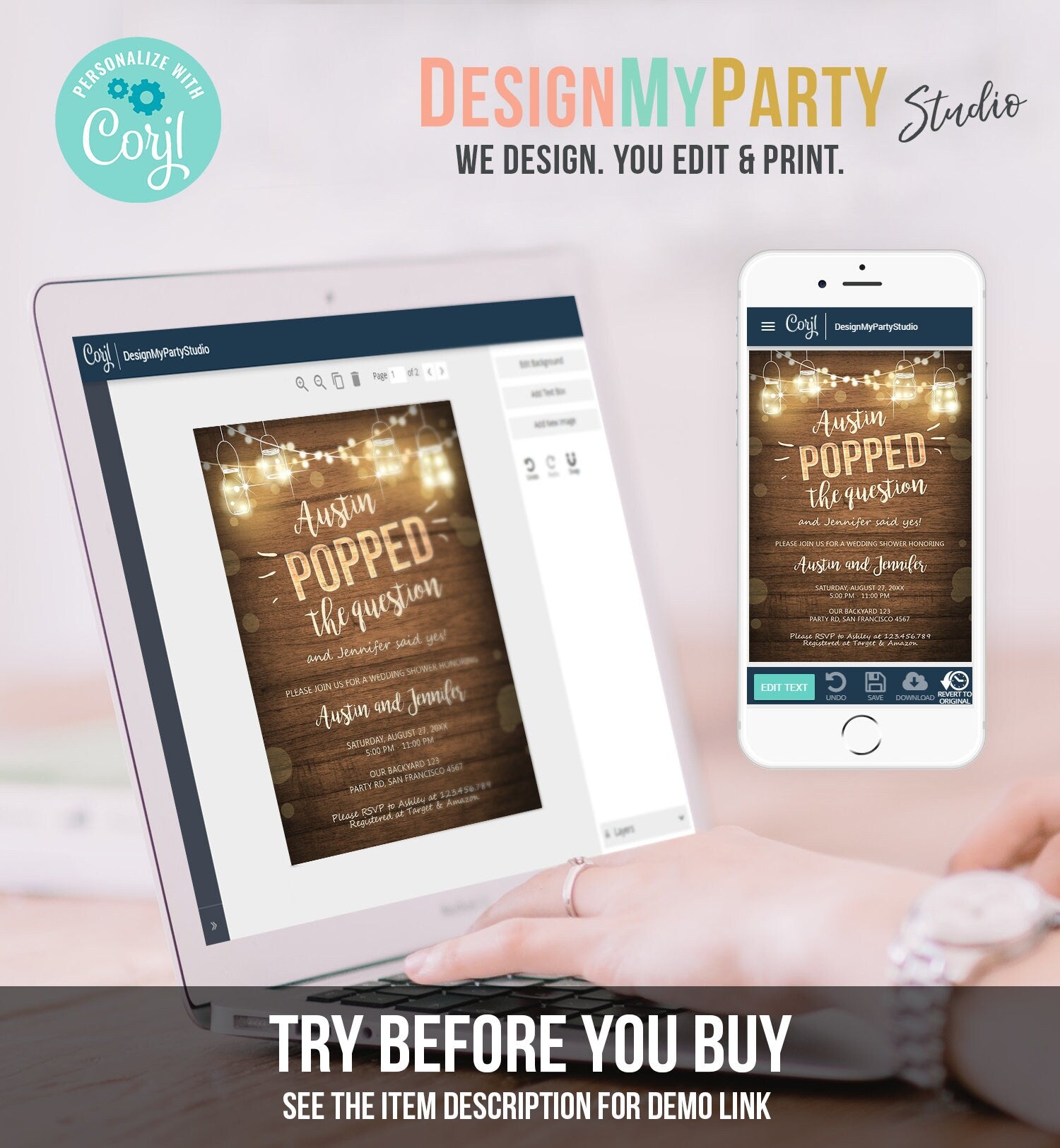 Editable Popped the Question Engagement Party Invitation Couples Shower Rustic Wood Lights Jars Download Corjl Template Printable 0015