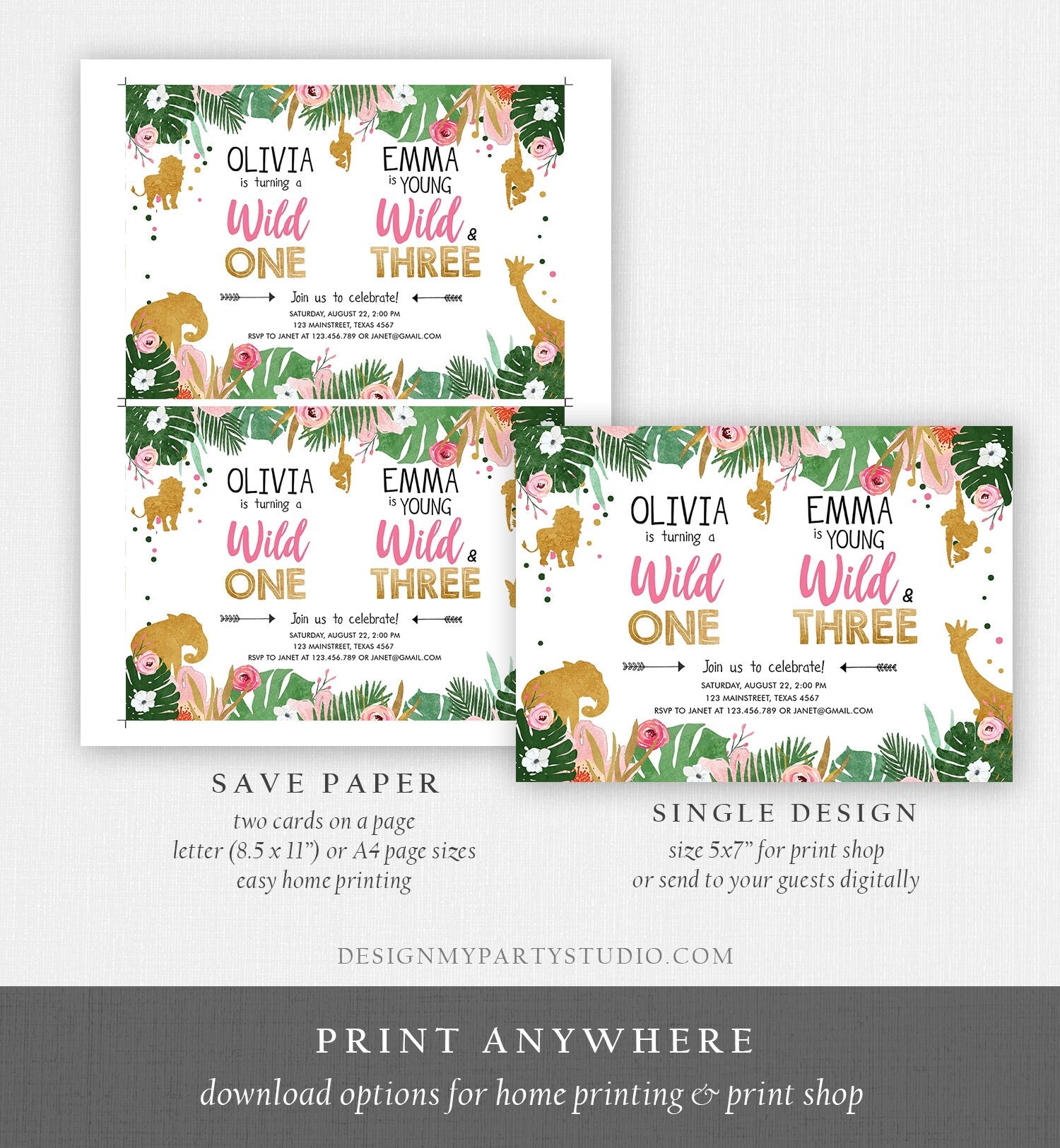 Editable Wild One Birthday Invitation Wild and Three Sisters Safari Animals Jungle Girls Joint Dual Siblings Printable Corjl Template 0016