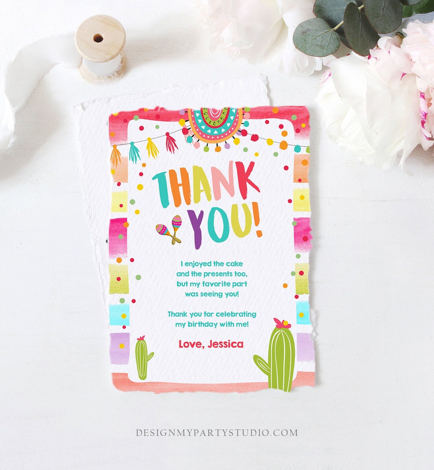 Editable Let's Fiesta Thank You Card Cactus Succulent First Birthday Party Girl 1st Mexican Uno Download Corjl Template Printable 0134