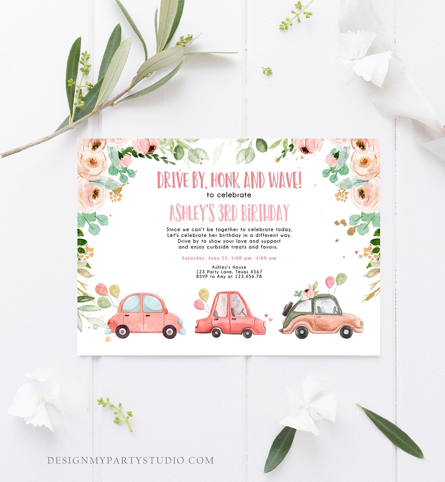 Editable Drive By Birthday Parade Invitation Virtual Party Invite Honk Wave Car Girl Pink Quarantine Instant Download Digital Corjl 0346