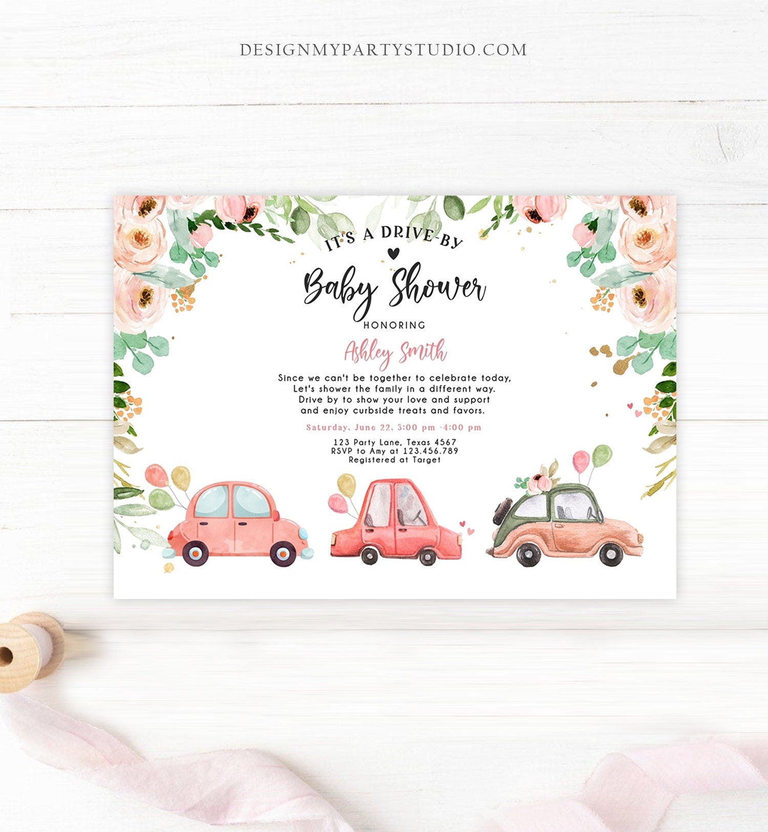 Editable Drive By Baby Shower Invitation Pink Girl Baby Shower Invite Quarantine Drive Trough Floral Sprinkle Template Download Corjl 0346