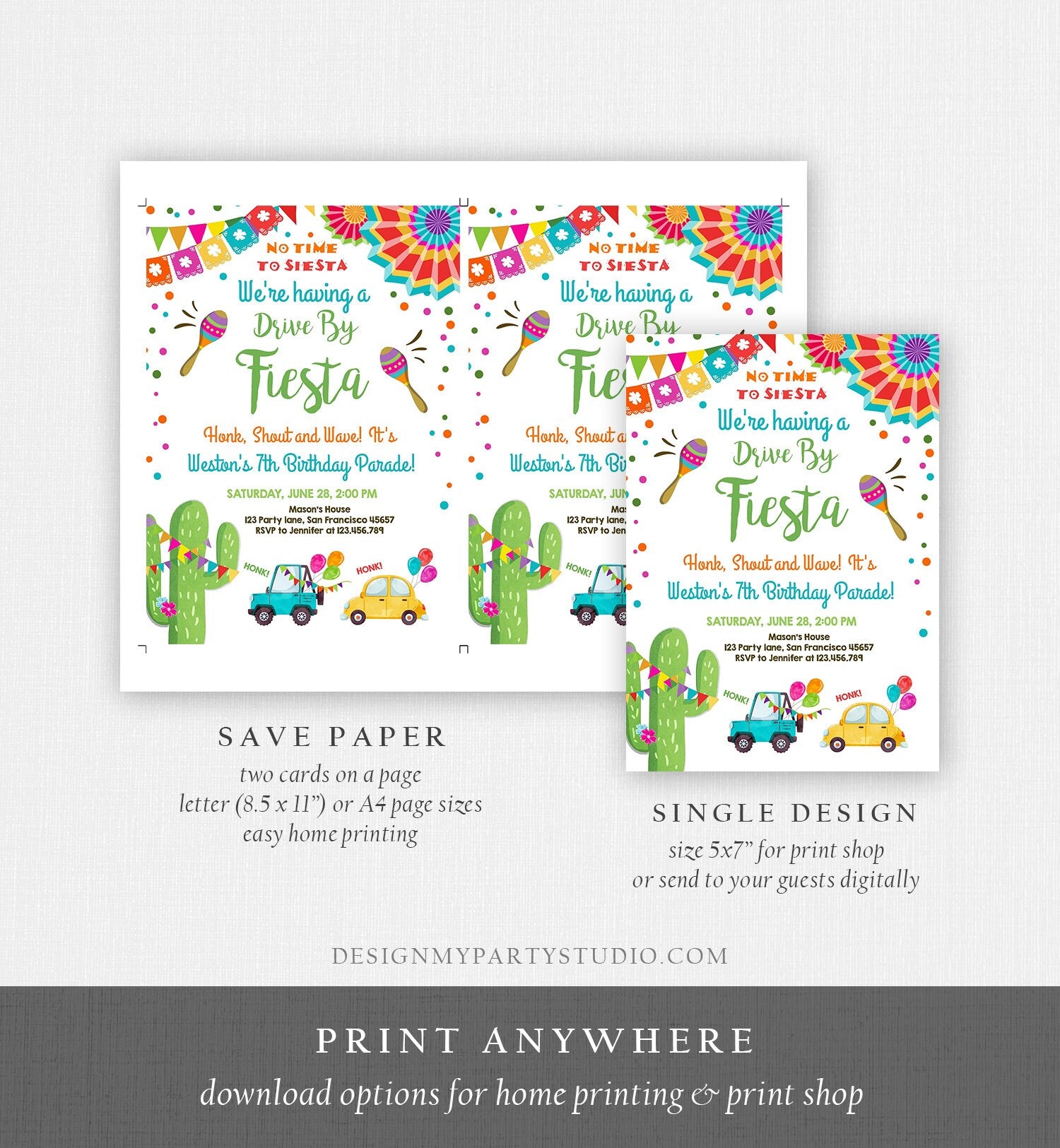 Editable Fiesta Drive By Birthday Parade Invitation Fiesta Birthday Party Invite Honk Wave Car Quarantine Download Digital Corjl 0045