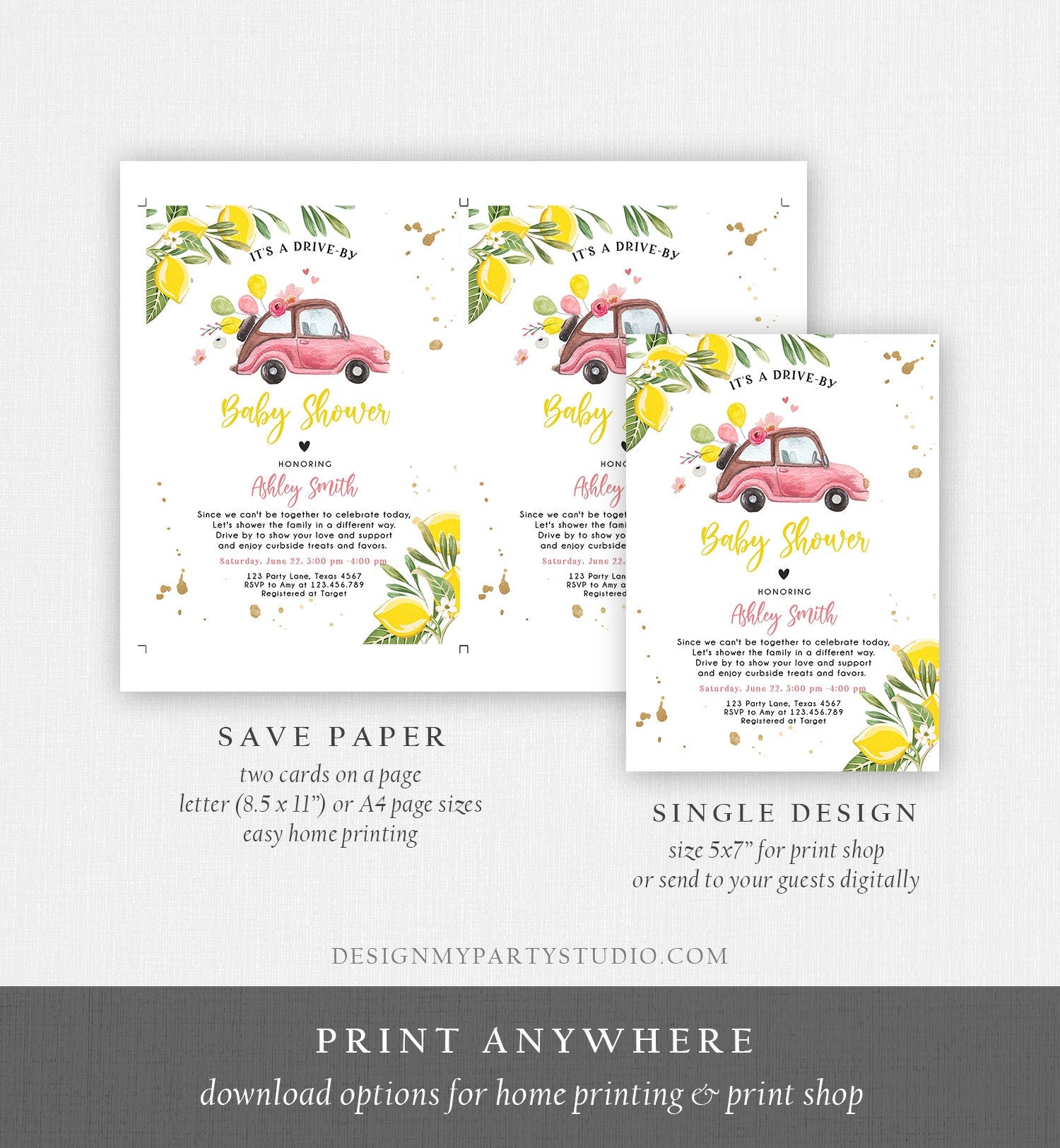 Editable Drive By Baby Shower Invitation Lemon Pink Girl Baby Shower Invite Drive Through Virtual Shower Lemons Template Download Corjl 0335