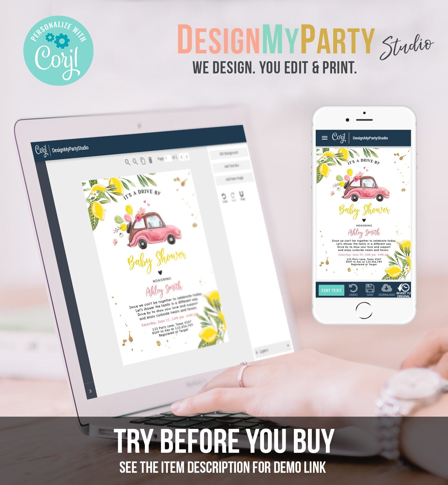 Editable Drive By Baby Shower Invitation Lemon Pink Girl Baby Shower Invite Drive Through Virtual Shower Lemons Template Download Corjl 0335