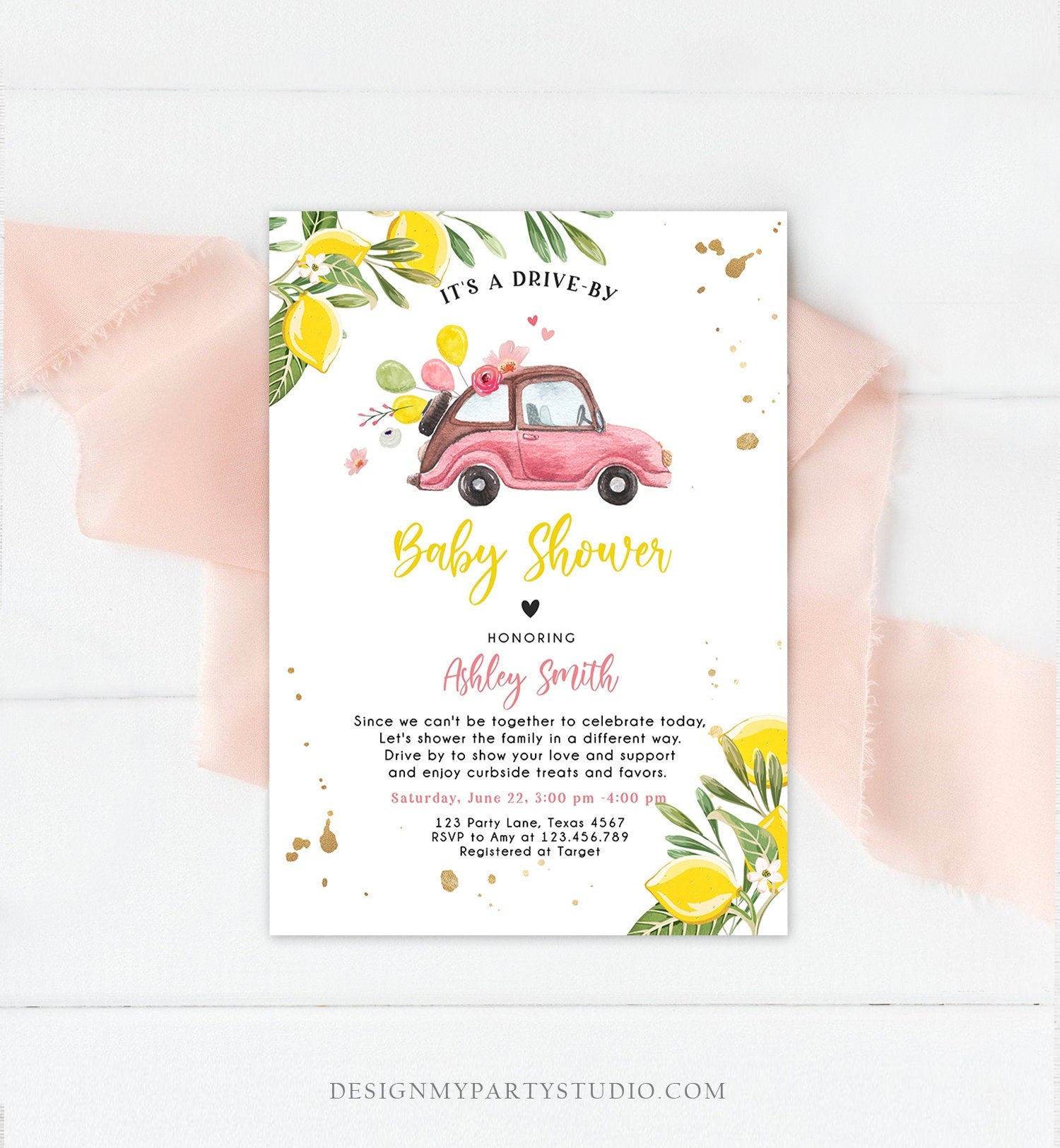 Editable Drive By Baby Shower Invitation Lemon Pink Girl Baby Shower Invite Drive Through Virtual Shower Lemons Template Download Corjl 0335